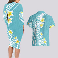 Hawaii Aloha Couples Matching Long Sleeve Bodycon Dress and Hawaiian Shirt Plumeria Vintage - Turquoise LT7 - Polynesian Pride