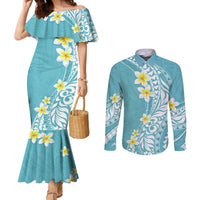 Hawaii Aloha Couples Matching Mermaid Dress and Long Sleeve Button Shirt Plumeria Vintage - Turquoise LT7 Turquoise - Polynesian Pride