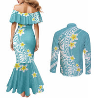 Hawaii Aloha Couples Matching Mermaid Dress and Long Sleeve Button Shirt Plumeria Vintage - Turquoise LT7 - Polynesian Pride