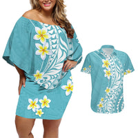Hawaii Aloha Couples Matching Off Shoulder Short Dress and Hawaiian Shirt Plumeria Vintage - Turquoise LT7 Turquoise - Polynesian Pride