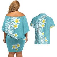 Hawaii Aloha Couples Matching Off Shoulder Short Dress and Hawaiian Shirt Plumeria Vintage - Turquoise LT7 - Polynesian Pride