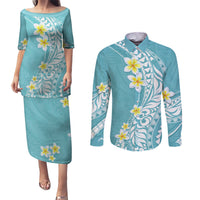 Hawaii Aloha Couples Matching Puletasi Dress and Long Sleeve Button Shirt Plumeria Vintage - Turquoise LT7 Turquoise - Polynesian Pride