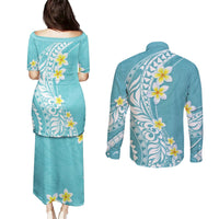 Hawaii Aloha Couples Matching Puletasi Dress and Long Sleeve Button Shirt Plumeria Vintage - Turquoise LT7 - Polynesian Pride