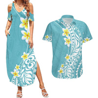 Hawaii Aloha Couples Matching Summer Maxi Dress and Hawaiian Shirt Plumeria Vintage - Turquoise LT7 Turquoise - Polynesian Pride