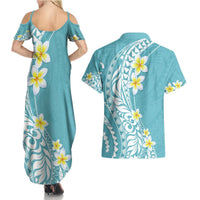 Hawaii Aloha Couples Matching Summer Maxi Dress and Hawaiian Shirt Plumeria Vintage - Turquoise LT7 - Polynesian Pride