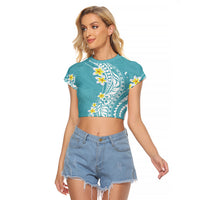 Hawaii Aloha Raglan Cropped T Shirt Plumeria Vintage - Turquoise LT7 Female Turquoise - Polynesian Pride