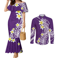 Hawaii Aloha Couples Matching Mermaid Dress and Long Sleeve Button Shirt Plumeria Vintage - Violet LT7 Violet - Polynesian Pride