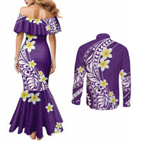Hawaii Aloha Couples Matching Mermaid Dress and Long Sleeve Button Shirt Plumeria Vintage - Violet LT7 - Polynesian Pride