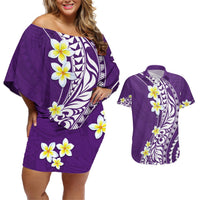Hawaii Aloha Couples Matching Off Shoulder Short Dress and Hawaiian Shirt Plumeria Vintage - Violet LT7 Violet - Polynesian Pride