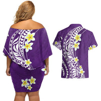 Hawaii Aloha Couples Matching Off Shoulder Short Dress and Hawaiian Shirt Plumeria Vintage - Violet LT7 - Polynesian Pride