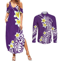 Hawaii Aloha Couples Matching Summer Maxi Dress and Long Sleeve Button Shirt Plumeria Vintage - Violet LT7 Violet - Polynesian Pride