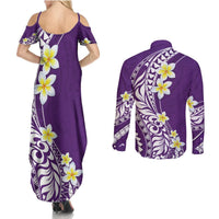 Hawaii Aloha Couples Matching Summer Maxi Dress and Long Sleeve Button Shirt Plumeria Vintage - Violet LT7 - Polynesian Pride