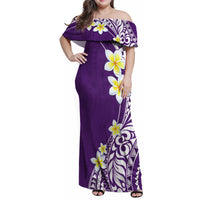 Hawaii Aloha Family Matching Off Shoulder Maxi Dress and Hawaiian Shirt Plumeria Vintage - Violet LT7 Mom's Dress Violet - Polynesian Pride