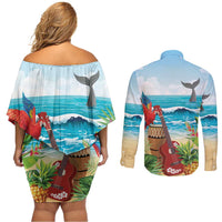 Aloha Honolulu Festival Couples Matching Off Shoulder Short Dress and Long Sleeve Button Shirt Ukulele By The Shore