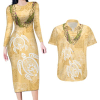 Aloha Honolulu Festival Couples Matching Long Sleeve Bodycon Dress and Hawaiian Shirt Hawaii Kapa Mix Flowers Lei