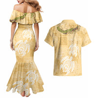 Aloha Honolulu Festival Couples Matching Mermaid Dress and Hawaiian Shirt Hawaii Kapa Mix Flowers Lei