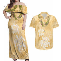 Aloha Honolulu Festival Couples Matching Off Shoulder Maxi Dress and Hawaiian Shirt Hawaii Kapa Mix Flowers Lei