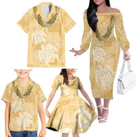 Aloha Honolulu Festival Family Matching Off The Shoulder Long Sleeve Dress and Hawaiian Shirt Hawaii Kapa Mix Flowers Lei