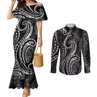 Polynesia Plumeria Lei Couples Matching Mermaid Dress and Long Sleeve Button Shirt Black Curves Motif