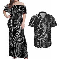 Polynesia Plumeria Lei Couples Matching Off Shoulder Maxi Dress and Hawaiian Shirt Black Curves Motif