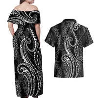 Polynesia Plumeria Lei Couples Matching Off Shoulder Maxi Dress and Hawaiian Shirt Black Curves Motif