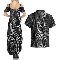 Polynesia Plumeria Lei Couples Matching Summer Maxi Dress and Hawaiian Shirt Black Curves Motif