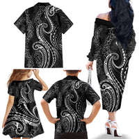 Polynesia Plumeria Lei Family Matching Off The Shoulder Long Sleeve Dress and Hawaiian Shirt Black Curves Motif