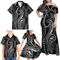 Polynesia Plumeria Lei Family Matching Off Shoulder Maxi Dress and Hawaiian Shirt Black Curves Motif