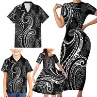 Polynesia Plumeria Lei Family Matching Short Sleeve Bodycon Dress and Hawaiian Shirt Black Curves Motif