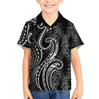 Polynesia Plumeria Lei Family Matching Short Sleeve Bodycon Dress and Hawaiian Shirt Black Curves Motif