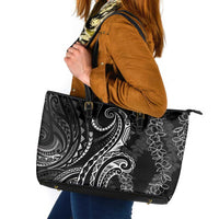 Polynesia Plumeria Lei Leather Tote Bag Black Curves Motif