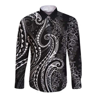 Polynesia Plumeria Lei Long Sleeve Button Shirt Black Curves Motif LT7 Unisex Black - Polynesian Pride