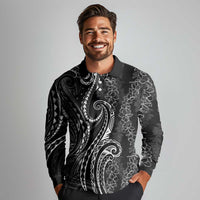 Polynesia Plumeria Lei Long Sleeve Polo Shirt Black Curves Motif LT7 - Polynesian Pride
