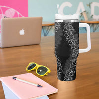 Polynesia Plumeria Lei Tumbler With Handle Black Curves Motif