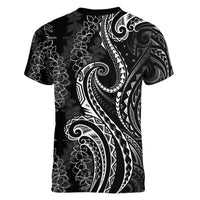 Polynesia Plumeria Lei Women V-Neck T-Shirt Black Curves Motif LT7 - Polynesian Pride