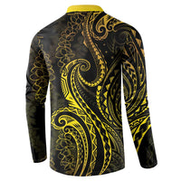 Polynesia Plumeria Lei Button Sweatshirt Black Gold Curves Motif