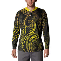Polynesia Plumeria Lei Button Sweatshirt Black Gold Curves Motif
