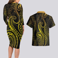 Polynesia Plumeria Lei Couples Matching Long Sleeve Bodycon Dress and Hawaiian Shirt Black Gold Curves Motif