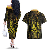 Polynesia Plumeria Lei Couples Matching Off The Shoulder Long Sleeve Dress and Hawaiian Shirt Black Gold Curves Motif