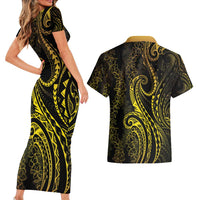 Polynesia Plumeria Lei Couples Matching Short Sleeve Bodycon Dress and Hawaiian Shirt Black Gold Curves Motif