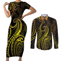 Polynesia Plumeria Lei Couples Matching Short Sleeve Bodycon Dress and Long Sleeve Button Shirt Black Gold Curves Motif LT7 Gold - Polynesian Pride