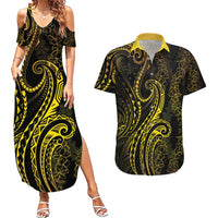 Polynesia Plumeria Lei Couples Matching Summer Maxi Dress and Hawaiian Shirt Black Gold Curves Motif