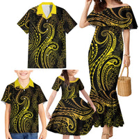 Polynesia Plumeria Lei Family Matching Mermaid Dress and Hawaiian Shirt Black Gold Curves Motif