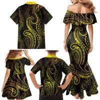 Polynesia Plumeria Lei Family Matching Mermaid Dress and Hawaiian Shirt Black Gold Curves Motif
