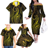 Polynesia Plumeria Lei Family Matching Off The Shoulder Long Sleeve Dress and Hawaiian Shirt Black Gold Curves Motif
