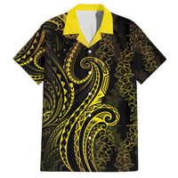 Polynesia Plumeria Lei Family Matching Off The Shoulder Long Sleeve Dress and Hawaiian Shirt Black Gold Curves Motif