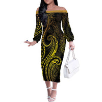 Polynesia Plumeria Lei Family Matching Off The Shoulder Long Sleeve Dress and Hawaiian Shirt Black Gold Curves Motif