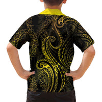 Polynesia Plumeria Lei Family Matching Off Shoulder Short Dress and Hawaiian Shirt Black Gold Curves Motif