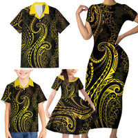 Polynesia Plumeria Lei Family Matching Short Sleeve Bodycon Dress and Hawaiian Shirt Black Gold Curves Motif
