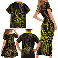 Polynesia Plumeria Lei Family Matching Short Sleeve Bodycon Dress and Hawaiian Shirt Black Gold Curves Motif